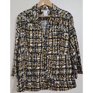 Como Vintage Women Top 2X Olive, Gray, Mustard, Black Geometric Button Up Blouse